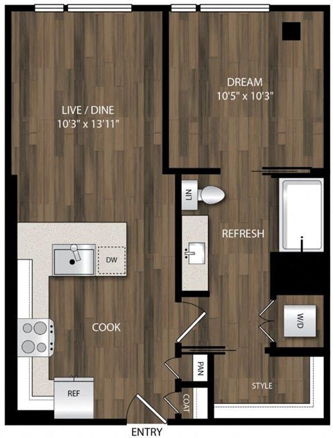 Floor plan for 1 bed, 1 bath, 618 sqft